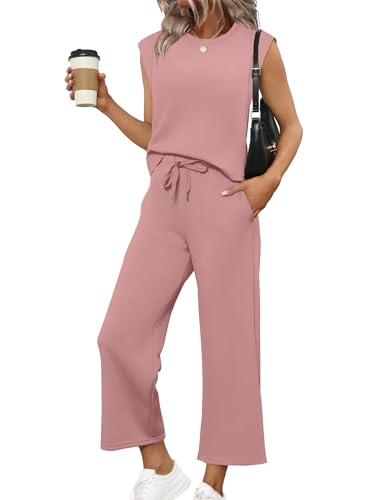 Image of SAMPEEL Two Piece Sets for Women Casual Travel Vacation Outfits Summer Wide Leg Crop Pants Lounge Sets