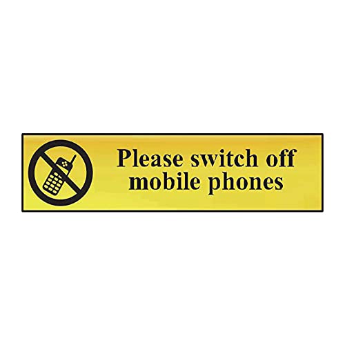 Centurion White Please Switch Off Mobile Phones Sign - Self-Adhesive Pvc - Polished Gold Effect - 200Mm X 50Mm