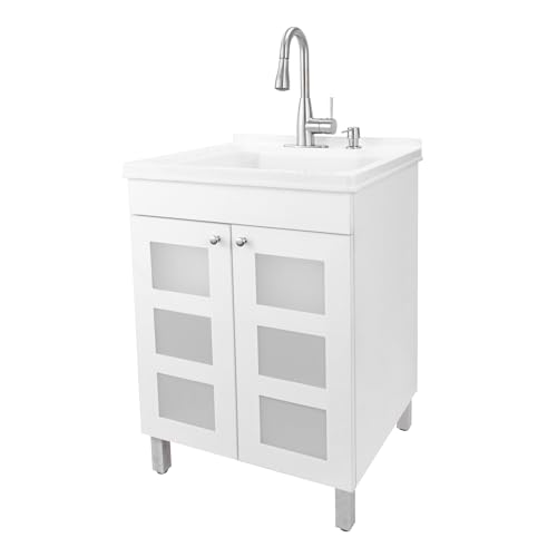 Image of White Utility Sink in White Vanity, Stainless Steel Pull-Down Sprayer Faucet, Soap Dispenser and Spacious Cabinet by JS Jackson Supplies for Garage, Basement, Shop and Laundry Room