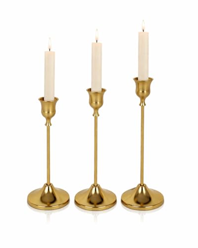Image of Gold Metal Candle Holders for Table Centerpiece Set of 3 | Brass Finish Taper Candle Stand | Electroplated Alloy Candlestick Holder for Dining, Wedding, Home Decor (Fits 2cm Candles)