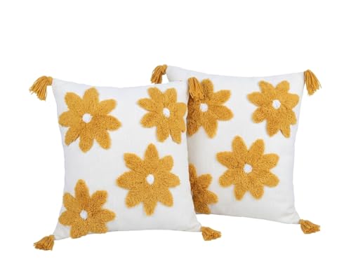 Image of Cushion Cover Pack of 2 (16x16 Inches) | Cotton Textured Decorative Throw Pillow Case for Sofa Bed Living Room Tufted Cushion Cover with Tassels (YellowFLR)