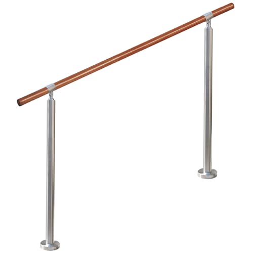 YHEYSMUX 140 cm 屋内 屋外 階段 手すり 茶色 無垢材の手摺り ブナ丸棒 304ステンレス鋼 DIY 玄関 廊下 庭 角度調整可能 簡単な取り付け 外径35 mm 銀