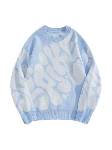 Men's Letter Graphic Ripped Sweater Long Sleeve Crew Neck Knit Pullovers Drop Shoulder Streetwear