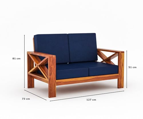 Image of Sheesham Wooden 2 Seater Sofa for Living Room | Rosewood 2 Seater Cushion Sofa X-Legs | Solid Wood Sofa Set for Lounge (2 Seater,Honey Finish)