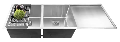 Image of Fossa 45 inchx20 inchx10 inch Inch Double Bowl With Drain Board Premium Stainless Steel Handmade Kitchen Sink (Matte Finish) Silver