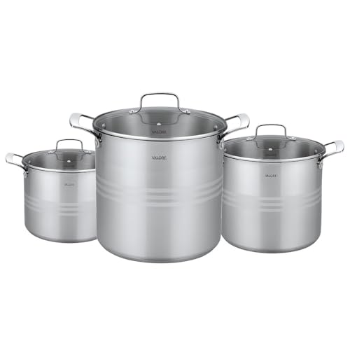 Valore 3 pc Stainless Steel Stock Pot Set - 12, 16 & 24 qt - 5-ply Canning Pots with Brushed Stainless Finish & Riveted Handles - Canning Supplies Compatible with All Cooktops