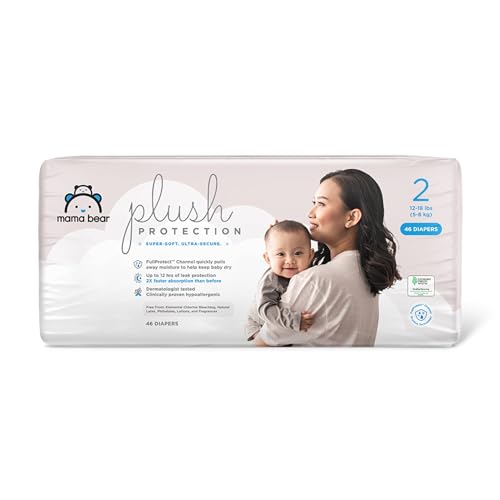 Image of Amazon Brand - Mama Bear Plush Protection Diapers - Size 2, 46 Count, Hypoallergenic Premium Disposable Baby Diapers, White and Cloud Dreams