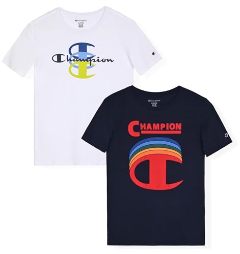 Lista de Camisetas de manga corta para Niño - solo los mejores. 41 Champion - Paquete de 2 Camisetas de Manga Corta para niños, Azul Marino-Blanco, 7