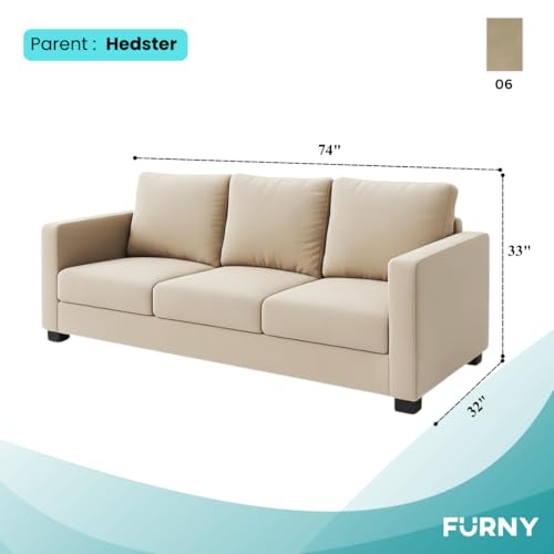 Image of FURNY Haster 3 Seater Fabric Sofa (Beige) Premium Velvet Finish Durable & Comfortable Ideal for Living Room