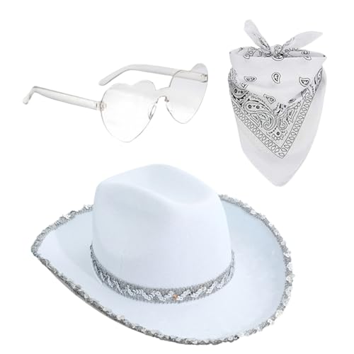 Generisch Disfraz de vaquera para mujer, sombreros de vaquero bling, sombrero de vaquero con gafas de corazón, bandana, accesorios de disfraz, juego de 3 piezas de vaquera para fiestas