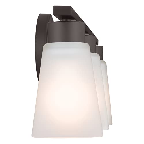 Image of Kichler Stamos 3-Light Bathroom Vanity Light Fixture with Satin Etched Glass Shades, 22 in Modern Wall Light in Olde Bronze for over Mirror (22 in x 5 in x 8 in), 45887NI