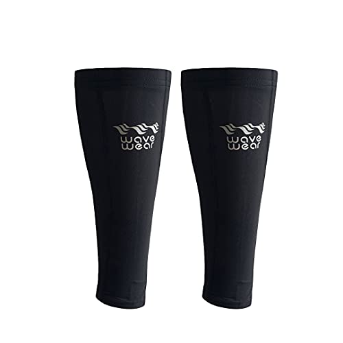 wavewear Calf Compression Sleeve with Built-in Kinesiology Tape - Support for Leg Swelling and Cramping during Workouts and Sports - for Men and Women (L, Black/Silver, 2)