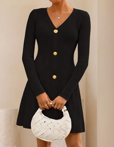 ZESICA Women's Fall Long Sleeve Sweater Dress 2025 Casual V Neck Button Ribbed Knit A Line Swing Mini Dresses2