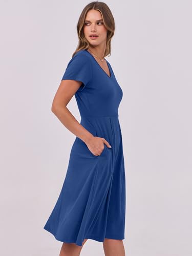 Image of ANRABESS Women Summer Dress Casual Short Sleeve V Neck A-Line Knee Length Pleated Flowy 2026 Fashion Midi Dresses with Pocket