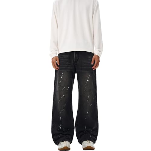 Pantete Men's Splash Ink Hip Hop Baggy Jeans Y2K Wide Leg Loose Fit Skater Denim Straight Leg Trousers Streetwear