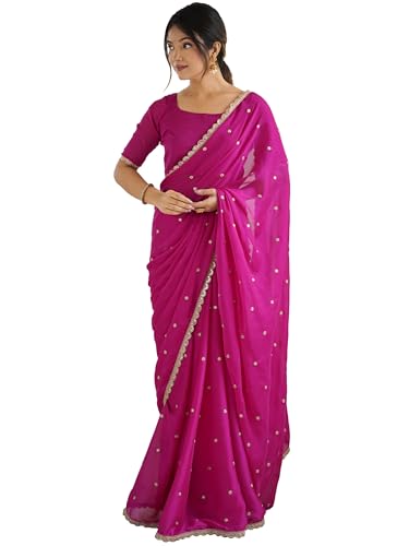 Image of AKHILAM Women's Pure Georgette Embroidered Saree With Unstitched Blouse Piece