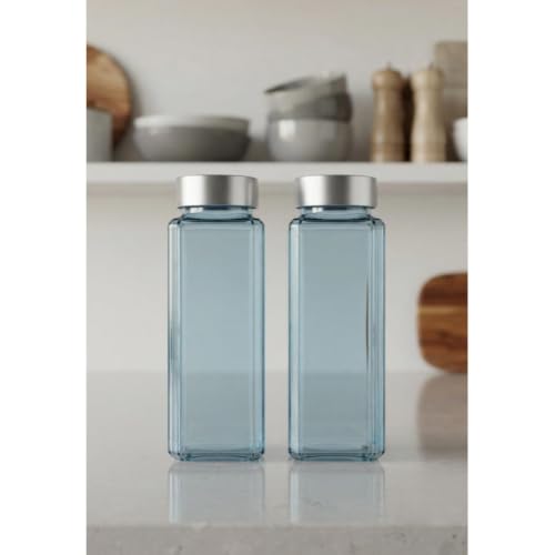 Image of CROCO JAR Wide Mouth Glass Water Bottle with Leak-Proof Airtight Double Layer Stainless Steel Lid for Water, Smoothie, Juices (500ML BLUE SILVER PK4)