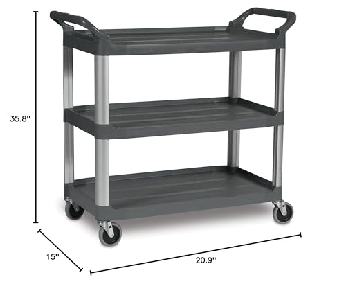 Image of Rubbermaid Commercial Products Heavy Duty 3-Shelf Rolling Service /Utility /Push Cart, 300 lbs. Capacity, Gray, for Foodservice /Restaurant /Cleaning (FG409100GRAY)
