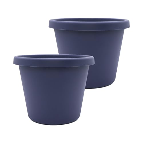 The HC Companies 12 Inch Round Prima Planter - Plastic Plant Pot with Rolled Rim for Indoor Outdoor Plants Flowers Herbs, Twilight Blue (Pack of 2)