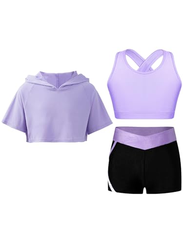 Kids Girls Sport Outfits Short Sleeve Hooded With Crop Tank Top And Short Set Pieces Workout Outfits