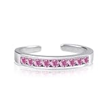 Rhodium Plated Sterling Silver Toe Rings Round Cut Cubic Zirconia Channel Set Pink