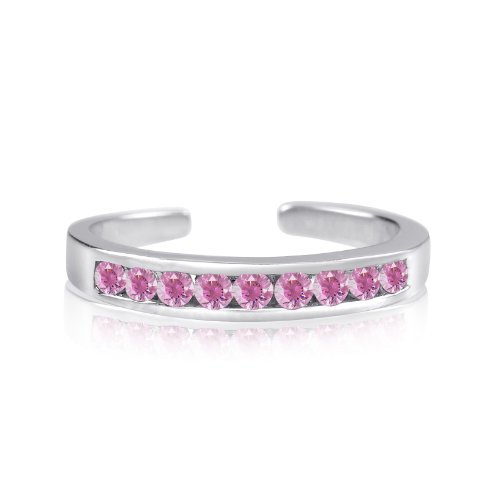 KEZEF Rhodium Plated Sterling Silver Toe Rings Round Cut Cubic Zirconia Channel Set Pink