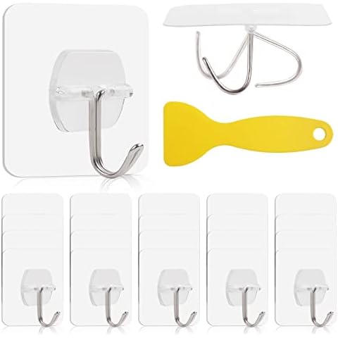 Hooks for Hanging, 20 Pack Sticky Hooks, 30Kg(Max) Self Adhesive Hooks Heavy Duty, Removable Bathroom Hooks, Strong Wall Hanging Hooks, Kitchen Hooks for Bathroom, Kitchen, Ceiling (With Scraper) Cover