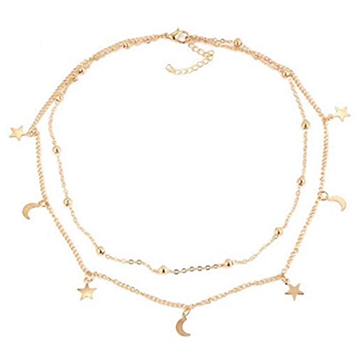 Olbye Moon Star Necklace Layered Satellite Necklace Choker Double Chain Gold Necklace for Women (2 Layer)