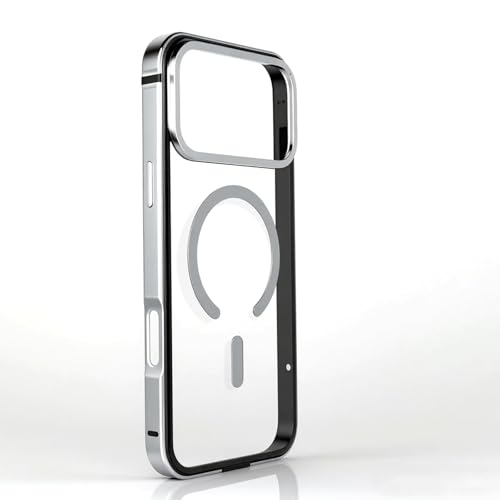 Coque iPhone 16 Pro Max argent avec cadre pare-chocs en métal et dos transparent magnétique