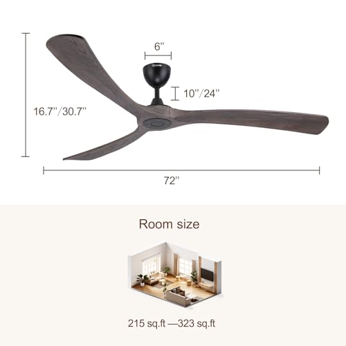 Ovlaim 72 Inch Large Wood Smart Wifi Ceiling Fan without Light, 3 Blade Indoor Outdoor High CFM Quiet DC Motor Ceiling Fan No Light