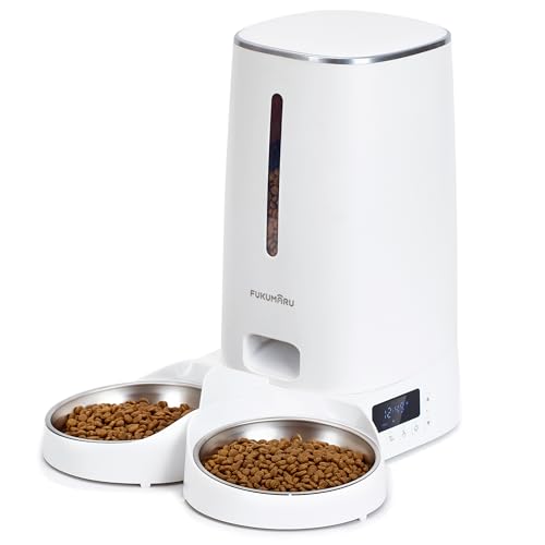 FUKUMARU Distributore Automatico Cibo Gatti, 4L Distributore Cibo Cani con 2 Ciotole in Acciaio Inox, 10 Pasti al Giorno e Controllo del Timer,Consumato per Circa 20 giorni.USB e Batterie