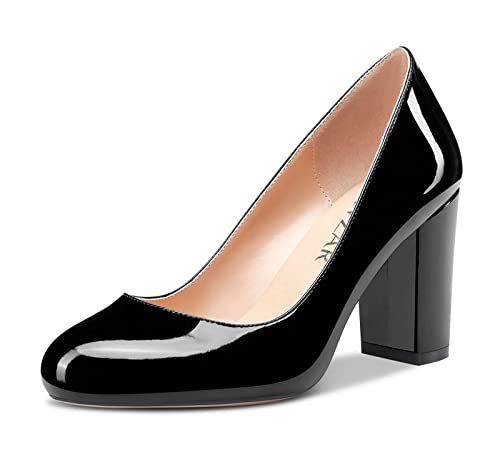 HEUIVZAR Women Pumps Round Toe Block Chunky Mid Heel Slip-on Dress Shoes Patent 3 Inch