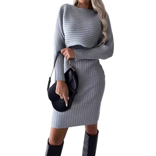 Winterkleider Damen Langarm-Pulloverkleider 2-teiliges Outfit-Sets Strickoberteile und figurbetontes Midikleid mit Hosenträgern