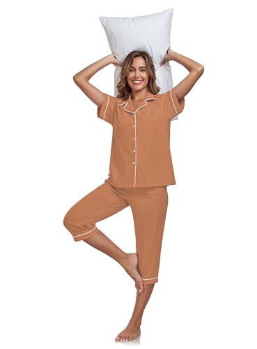 Image of COLORFULLEAF 100% Cotton Capri Pajama for Women Set Summer Short Sleeve Pj Sets for Women Cotton Sleepwear