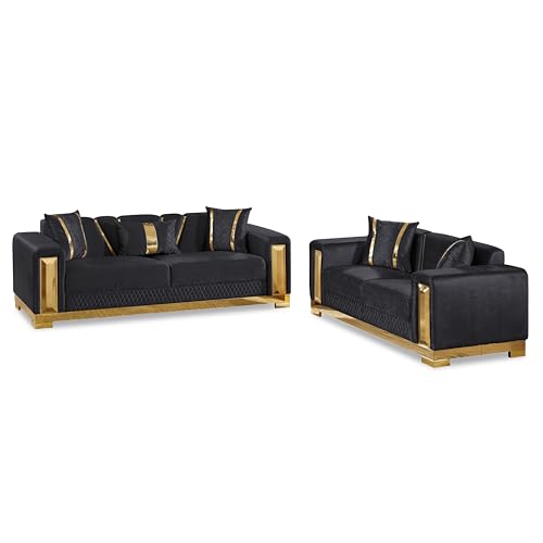 Image of Furniture of America Samison II Glam 2-Piece Solid Wood Upholstered Sofa Set with Accent Pillows, Damask Pattern and Gold Base, Comfortable Couch and Loveseat for Living Room, Bedroom, Office, Black
