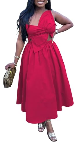 Image of YUEWOO Midi Dresses for Women Casual Summer Sundresses Vacation Outfits Spaghetti Strap Smocked Women Maxi Dress with Pockets