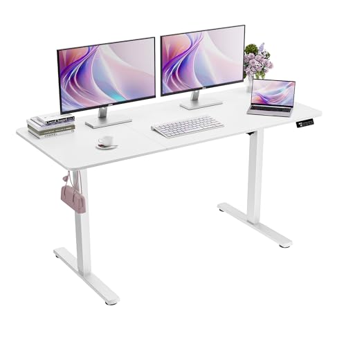ERGOMAKER Electric Standing Desk 140x60cm (55.1x23.6) Height Adjustable Sit Stand Desk with Splice Board for Home Office Computer Desk Memory Preset (White Frame + White Desktop)