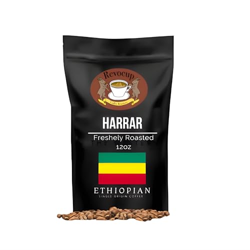 Revocup Ethiopian Harrar Whole Bean Coffee 12oz Single Origin, Natural Process, Specialty Grade Medium Roast, Mocha & Chocolate Flavors, USDA Certified Organic Gourmet Beans &ndash; Brews 20+ Cups @ 9oz