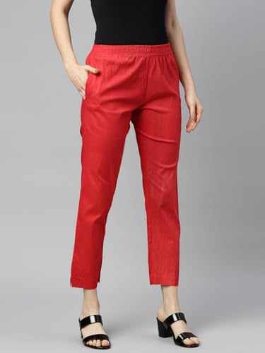 Image of MINELLI Women Solid Cigar Pants, Cotton Lycra Slub Fabric, Elasticated Waistband, Pull On Style, Regular Fit Bottom Wear for Western and Ethnic Wear