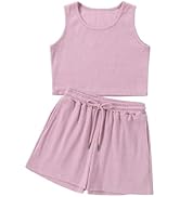 Mebius Girl's 2 Piece Outfit Crop Tops Shorts Set Ribbed Knit Cropped Tank Tops Sleeveless Round ...
