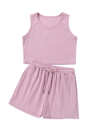 Image of Mebius Girl's 2 Piece Outfit Crop Tops Shorts Set Ribbed Knit Cropped Tank Tops Sleeveless Round Neck