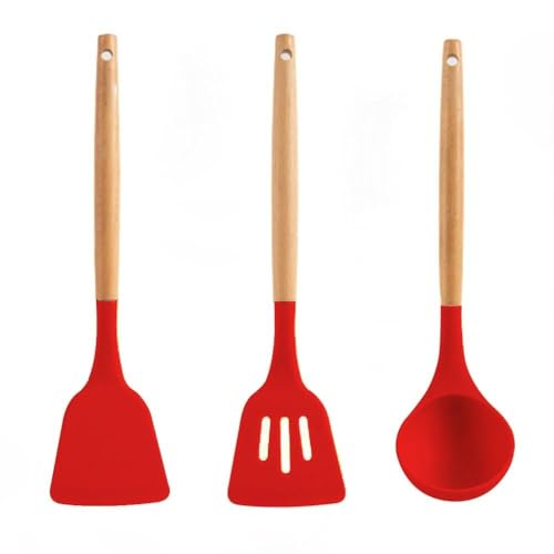 Image of Silicone Spatula Set of 3 - Wooden Handle Kitchen Tools (Red, White,Black,Blue, Green) - Heat Resistant, Non-Stick, Cooking & Mixing Spatulas for Non-Stick Pans (RED)