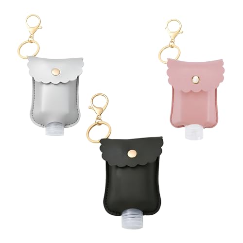 Pcmursal 3 paquetes de soporte pequeño para desinfectante de manos, mini soporte para desinfectante de manos, botellas vacías de cuero portátil (negro, rosa, gris), mezcla de 3 piezas, 1 Count (Pack