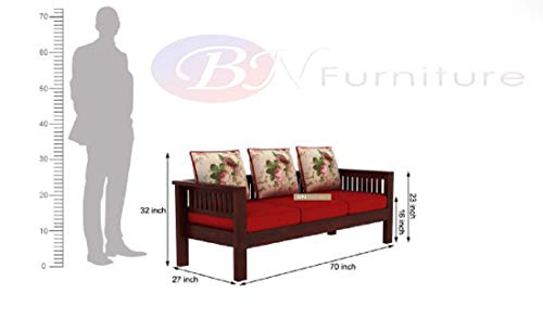 Image of BN Furniture Solid Sheesham Wood Sofa Set 6,5,3&2 Seater Cushioned Back for Living Room Stylish, Durable & Comfortable for Home, Office, Hall, Guest Room (red Cushioned Sofa 3 Seater, 3 Seater)