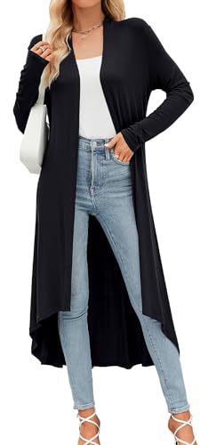 BDTECAOR Cardigan Damen Lang Leicht Strickjacke Open Front Mantel Schwarz M
