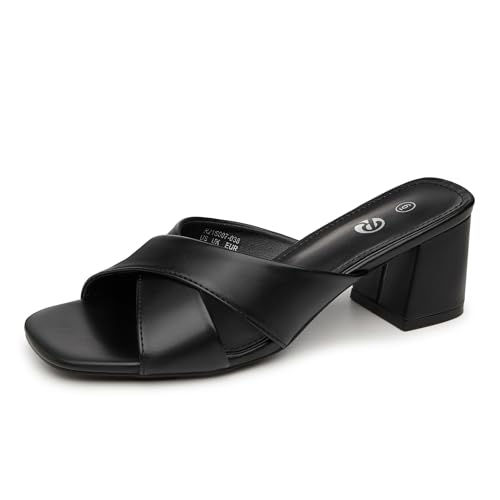 Rekayla Black Heels Women's Square Open Toe Sandals Low Block Chunky Heels Cross Strap Slip on...