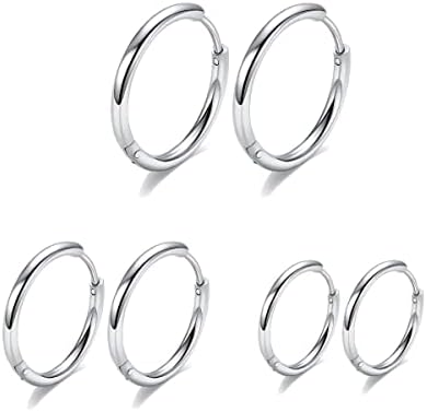 Surgical Stainless Steel Thin Hoop Earrings 6mm/8mm/10mm Small Huggie Hoop Earrings for Women and Men (D: Silver (Diameter 6mm/8mm/10mm),3 Pairs)