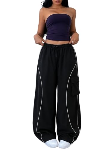 Image of Parachute Baggy Track Pant for Women | Korean Style Loose Fit Wide Leg Cargo Pockets | Piping Casual Trouser