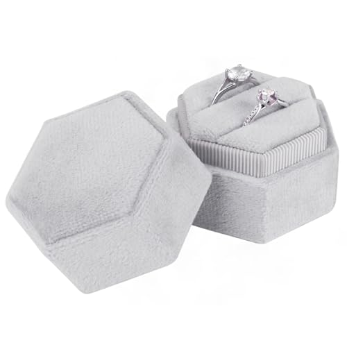 Jesustree Scatola di Gioielli per Anelli in Velluto, Portagioie Ad Doppio Anello Cofanetto Regalo per Proposta, Matrimonio, Anniversario Degli Amanti, Valentino (Grigio)