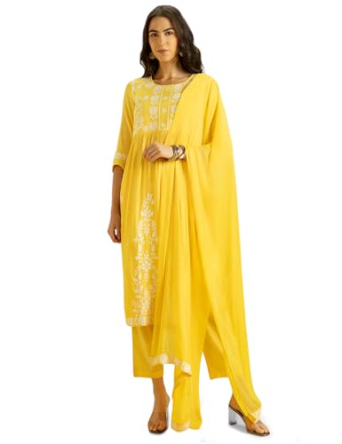 Image of Kaari Women's Chikankari Kurta Set with Dupatta -Fit & Flare Fit | Chiffon Dupatta with Embroidered Band | Straight Pant with Side Pocket | Kurta Set For Women
